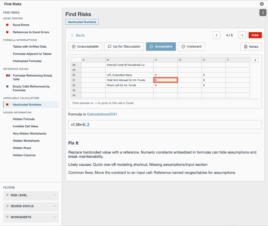Find Risks — hardcoded number flagged with fix guidance