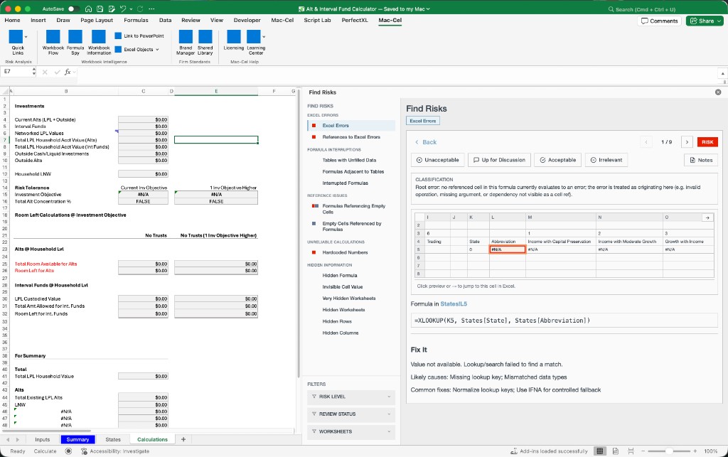 Find Risks — #N/A error with lookup context and fix suggestions