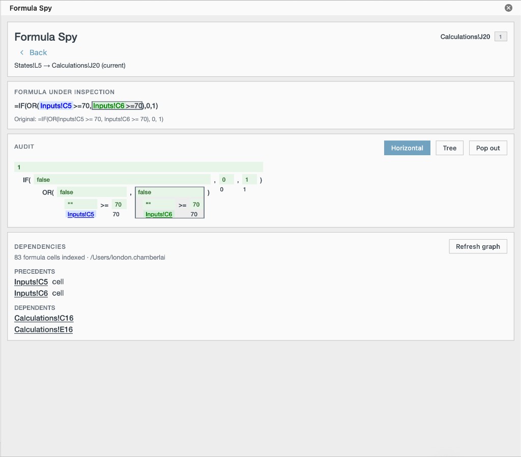 Formula Spy — bracketed audit tree with precedents and dependents